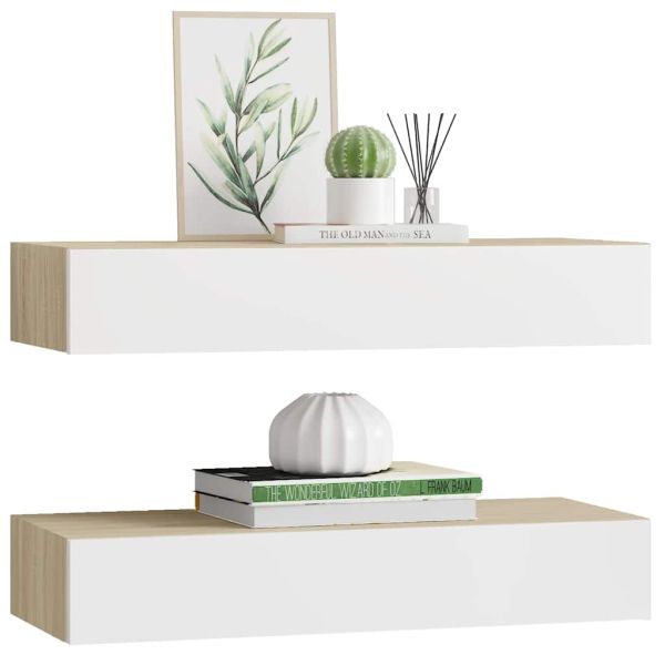 Стенни рафтове за чекмеджета, 2 бр., дъб и бяло, 60x23,5x10 см, MDF