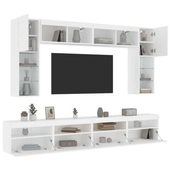 Комплект ТВ стенни шкафове, 8 части, с LED светлини, бели