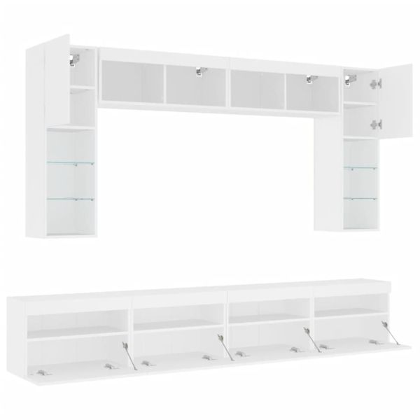 Комплект ТВ стенни шкафове, 8 части, с LED светлини, бели
