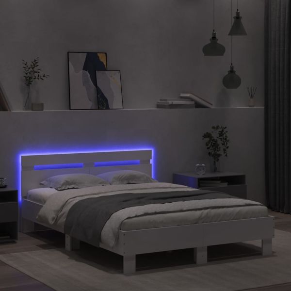 Рамка за легло с табла и LED, бяла, 120x190 см