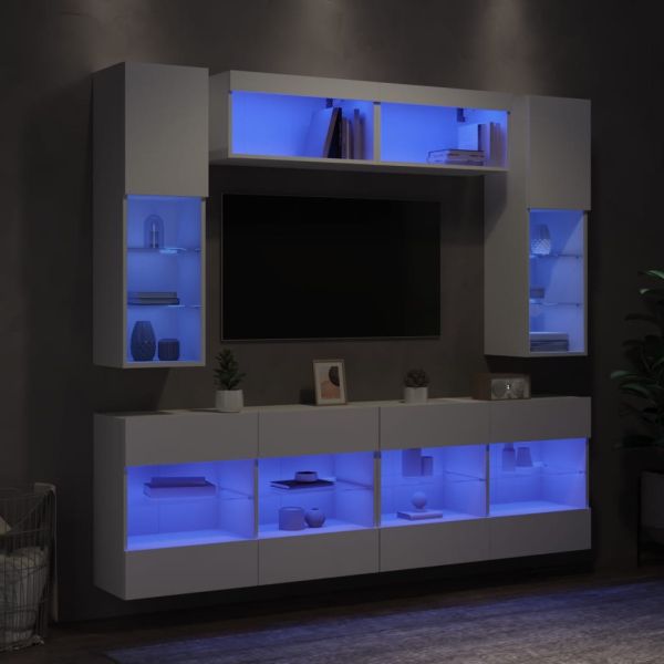 Комплект ТВ стенни шкафове, 6 части, с LED светлини, бели