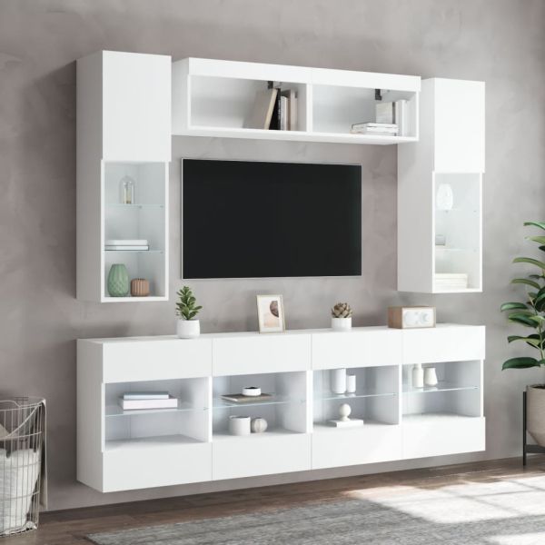 Комплект ТВ стенни шкафове, 6 части, с LED светлини, бели