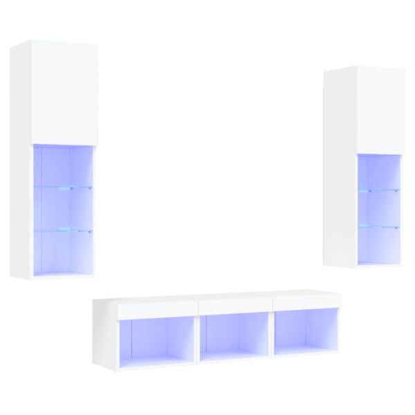 ТВ стенни модули с LED, 5 части, бели, инженерно дърво