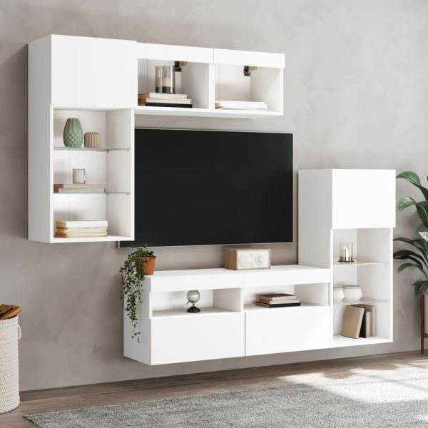 ТВ стенни модули с LED, 5 части, бели, инженерно дърво