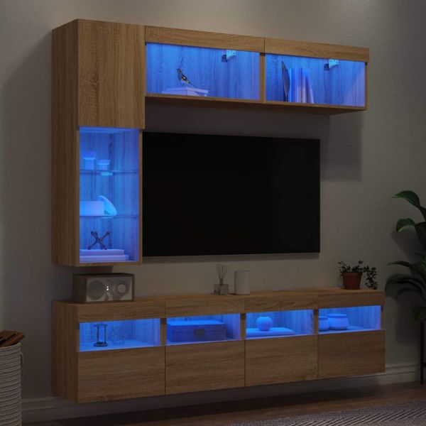 Комплект ТВ стенни шкафове, 7 части, с LED светлини, сонома дъб