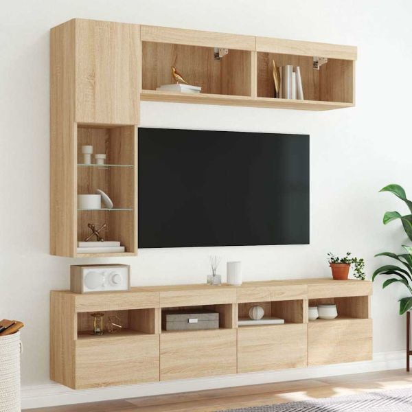 Комплект ТВ стенни шкафове, 7 части, с LED светлини, сонома дъб