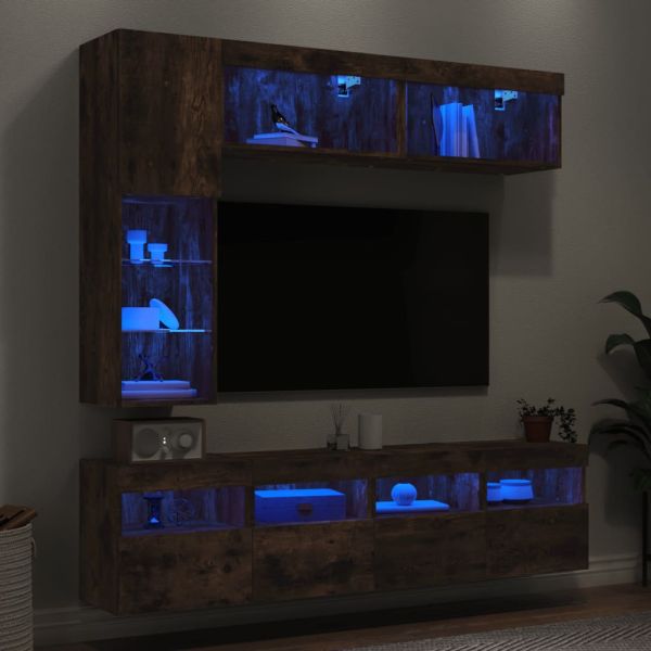 Комплект ТВ стенни шкафове, 7 части, с LED светлини, опушен дъб