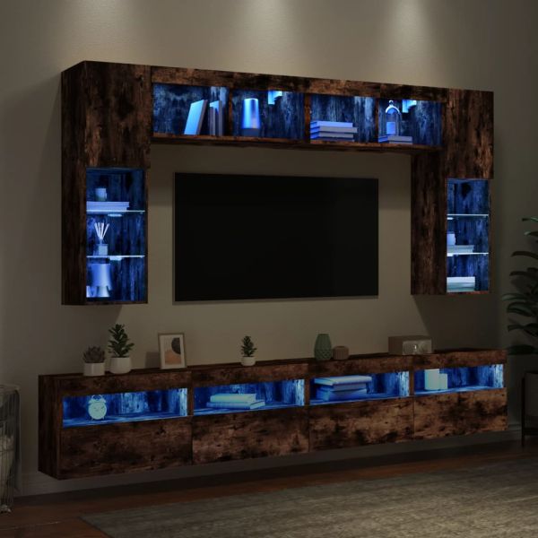 Комплект ТВ стенни шкафове, 8 части, с LED светлини, опушен дъб