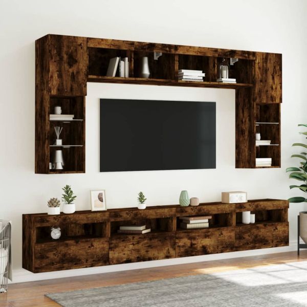 Комплект ТВ стенни шкафове, 8 части, с LED светлини, опушен дъб