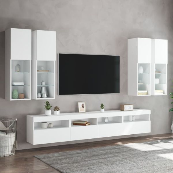 Комплект ТВ стенни шкафове, 7 части, с LED светлини, бели