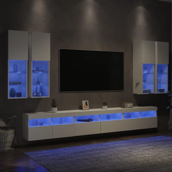 Комплект ТВ стенни шкафове, 7 части, с LED светлини, бели