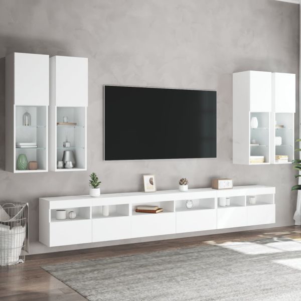 Комплект ТВ стенни шкафове, 7 части, с LED светлини, бели