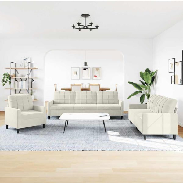 Комплект дивани от 3 части с възглавници, кремав, кадифе