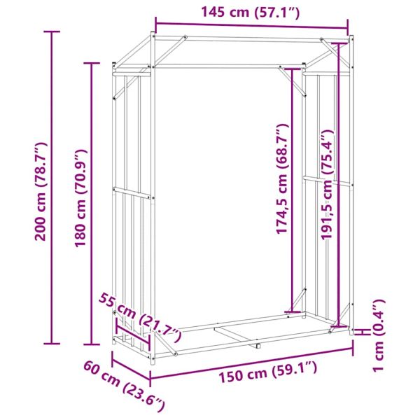 vidaxL Стойка за дърва за огрев с дъждобран, 150x60x200 см