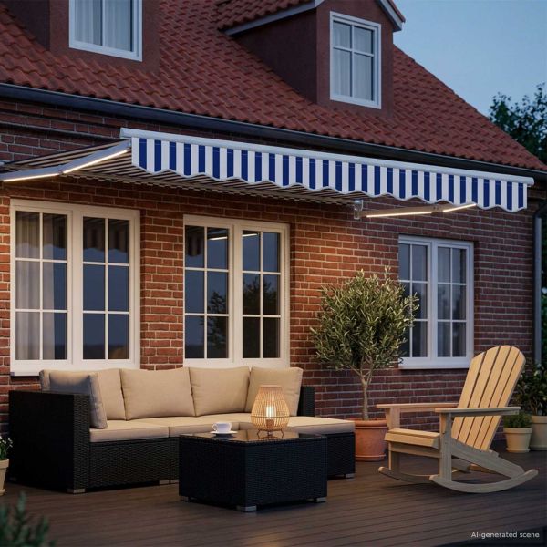 Ръчен изтеглящ сенник с LED светлини Синьо и бяло 2,5 x 2 m