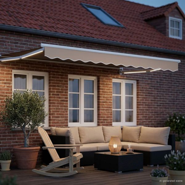 Ръчен изтеглящ сенник с LED светлини Бежов и бял 2,5 x 2 m