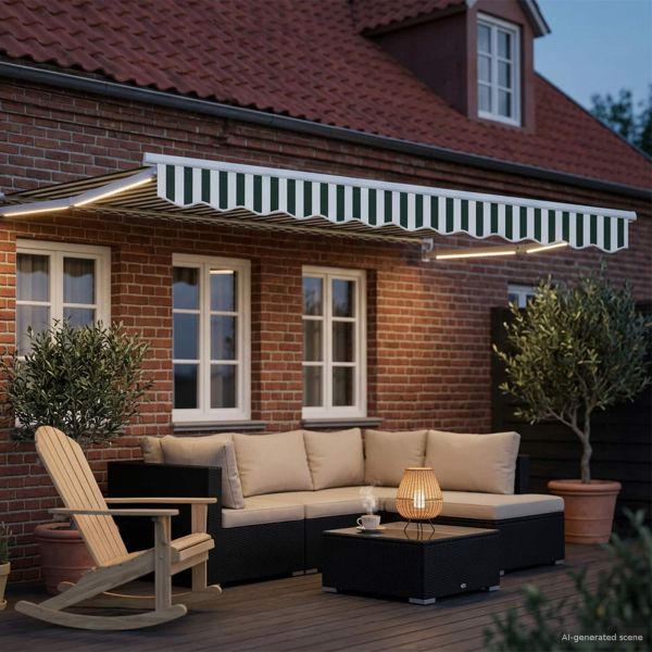 Ръчен изтеглящ сенник с LED светлини Зелен и бял 3,5 x 2 m