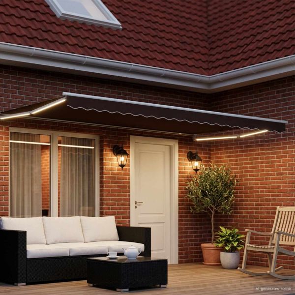 Ръчен изтеглящ сенник с LED светлини Кафяв и бял 4 x 2 m