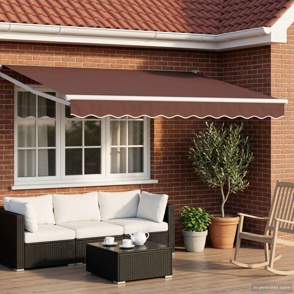 Ръчен изтеглящ сенник с LED светлини Кафяв и бял 3 x 2,5 m