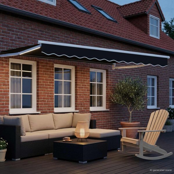 Ръчен изтеглящ сенник с LED светлини Черен и бял 3 x 2,5 m