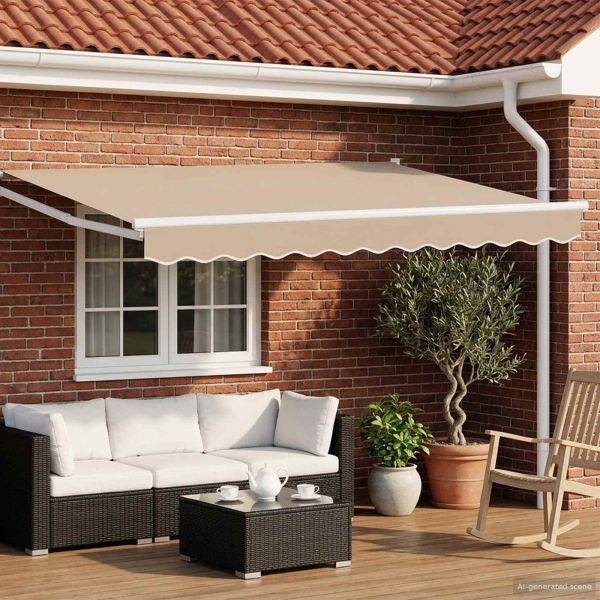 Ръчен изтеглящ сенник с LED светлини Бежов и бял 3 x 2,5 m