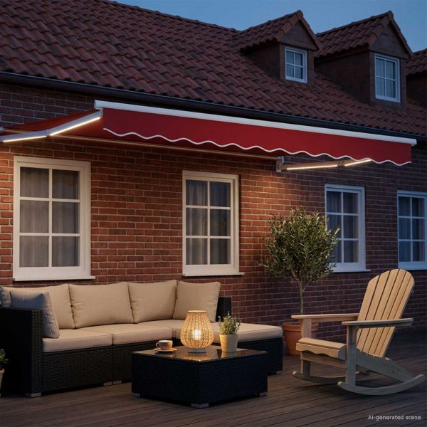 Ръчен изтеглящ сенник с LED светлини Червено и бяло 3 x 2,5 m