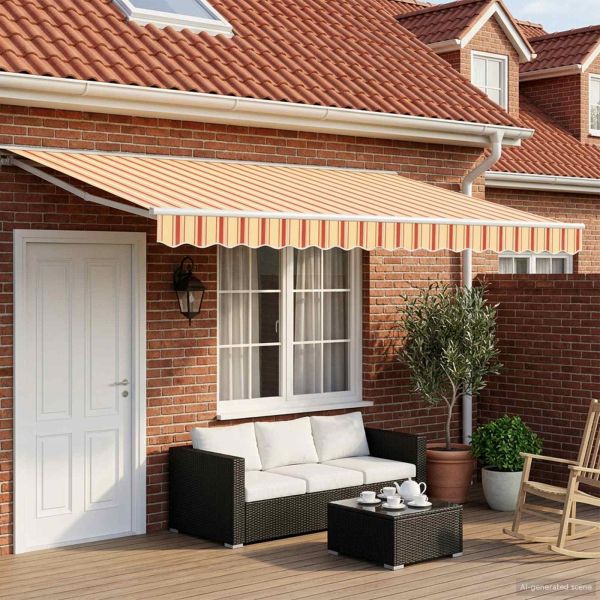 Електрически разтегателен навес Жълто, оранжево и бяло 4 × 3 m