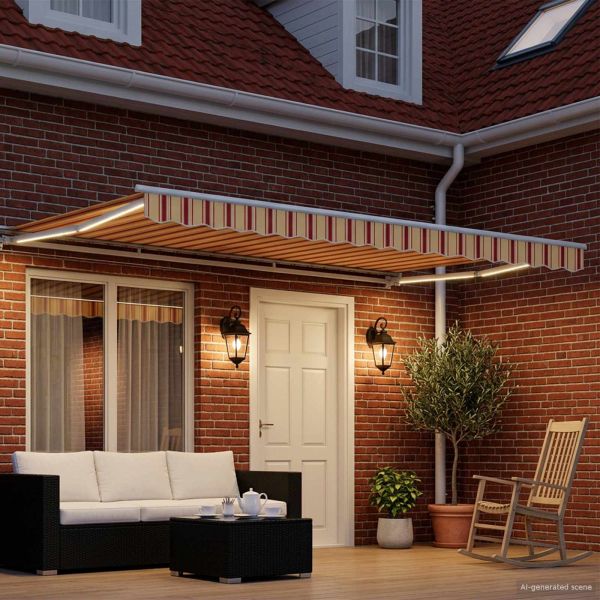 Електрически разтегателен навес Жълто, оранжево и бяло 4 × 3 m