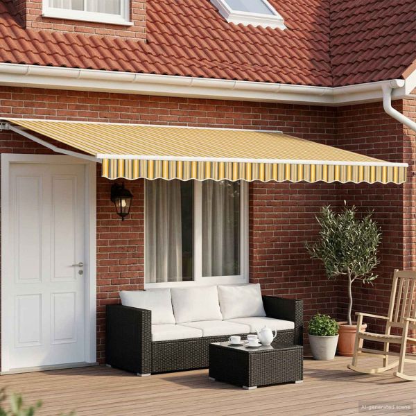 Електрически разтегателен навес Жълто, сиво и бяло 4 × 3 m