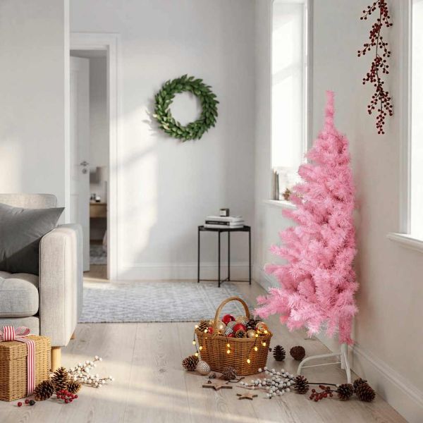 Изкуствена половин коледна елха със стойка, розова, 120 см, PVC