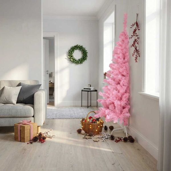 Изкуствена половин коледна елха със стойка, розова, 180 см, PVC