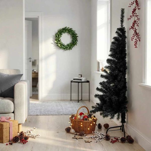 Изкуствена половин коледна елха със стойка, черна, 150 см, PVC