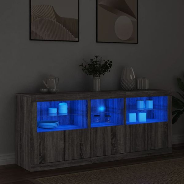 Сайдборд с LED светлини, сив сонома, 162x37x67 см