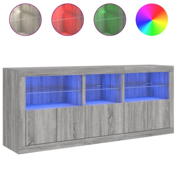 Сайдборд с LED светлини, сив сонома, 162x37x67 см