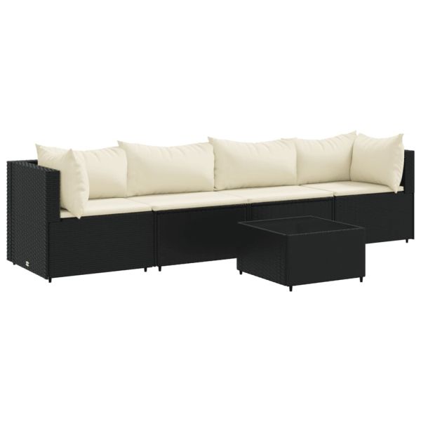 Градински лаундж комплект с възглавници 5 части черен полиратан