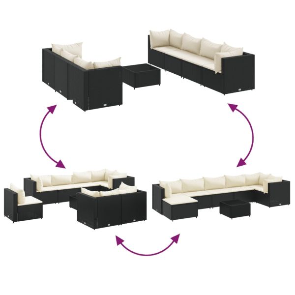 Градински лаундж комплект с възглавници 8 части черен полиратан
