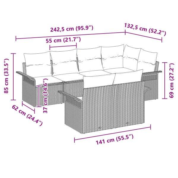 Градински Софа Комплект с възглавница 7 pcs Черно полиратан