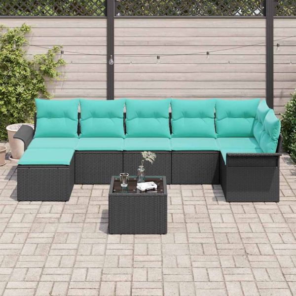 Градински Софа Комплект с възглавница 8 pcs Черно Полиратан