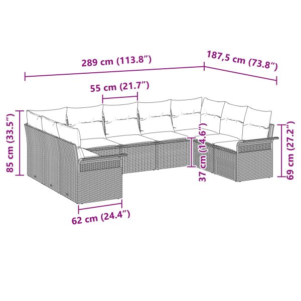 Градински Софа Комплект с възглавница 9 pcs Черно полиратан