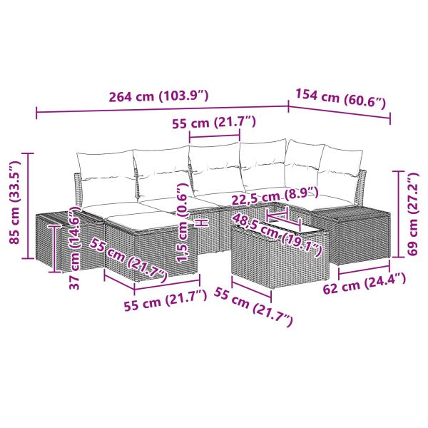 Градински Софа Комплект с възглавница 7 pcs Кафяво полиратан