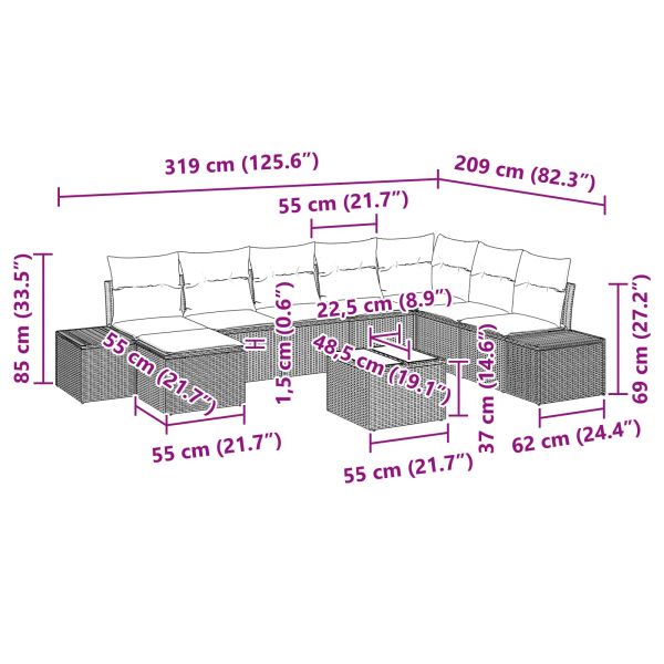 Градински Софа Комплект с възглавница 9 pcs Кафяво полиратан
