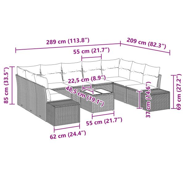 Градински Софа Комплект с възглавница 10 pcs Кафяво полиратан