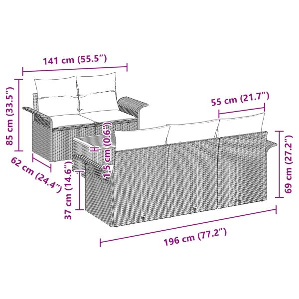 Градински Софа Комплект с възглавница 6 pcs Черно полиратан