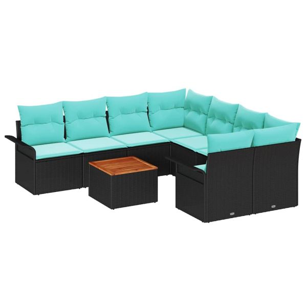 Градински Софа Комплект с възглавница 9 pcs Черно полиратан