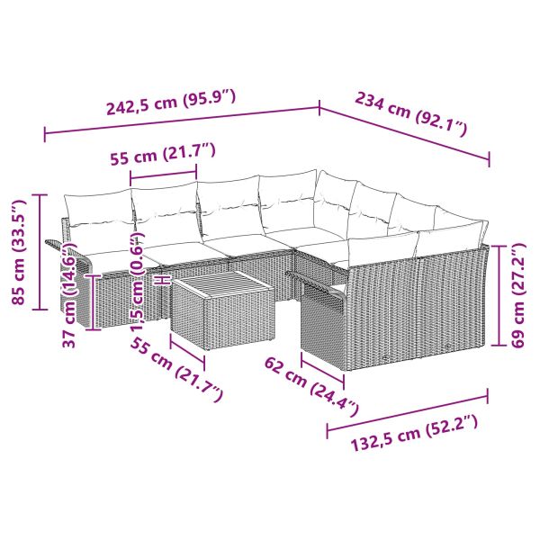 Градински Софа Комплект с възглавница 9 pcs Черно полиратан