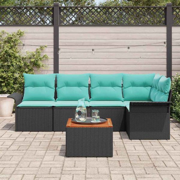 Градински Софа Комплект с възглавница 6 pcs Черно полиратан