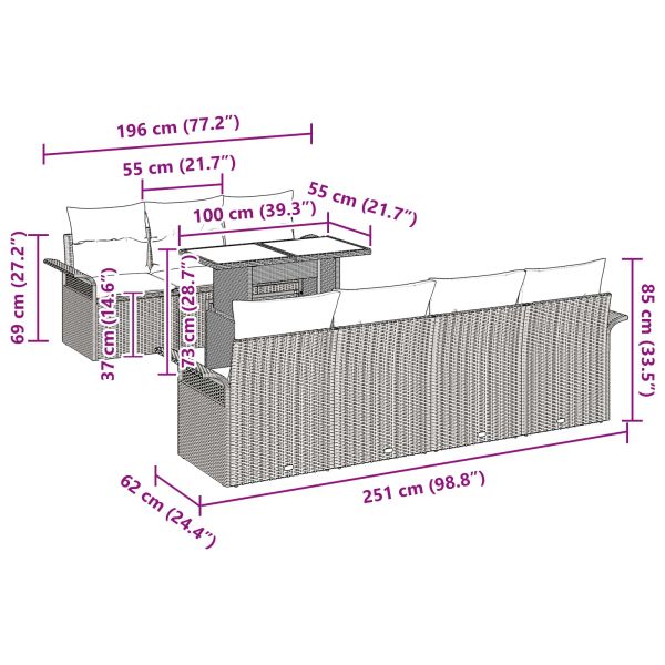Градински Софа Комплект с възглавница 8 pcs Черно полиратан