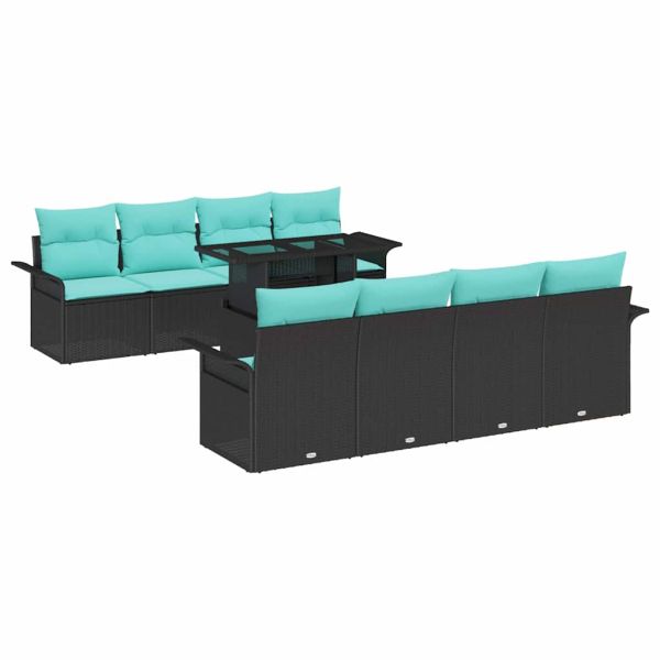 Градински Софа Комплект с възглавница 9 pcs Черно Полиратан