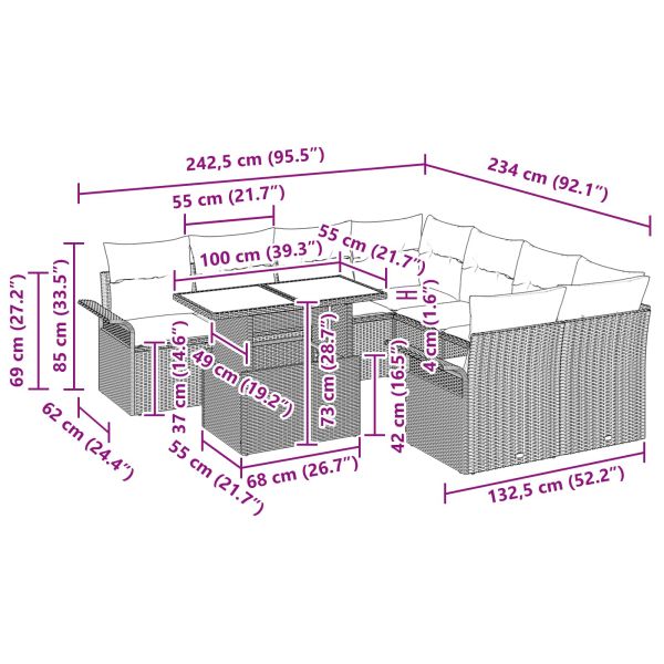 Градински Софа Комплект с възглавница 9 pcs Черно Полиратан