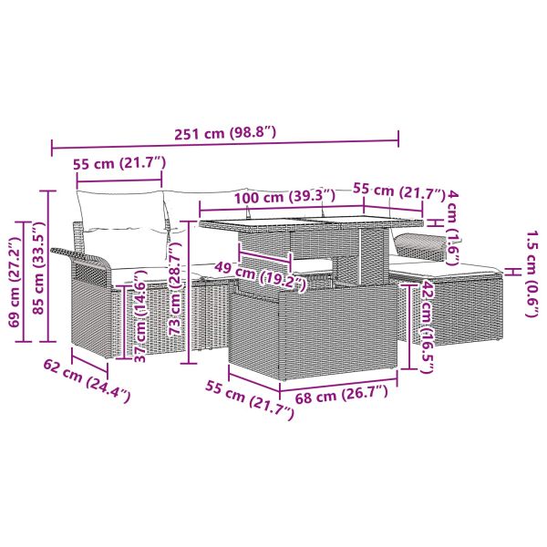 Градински Софа Комплект с възглавница 6 pcs Черно полиратан